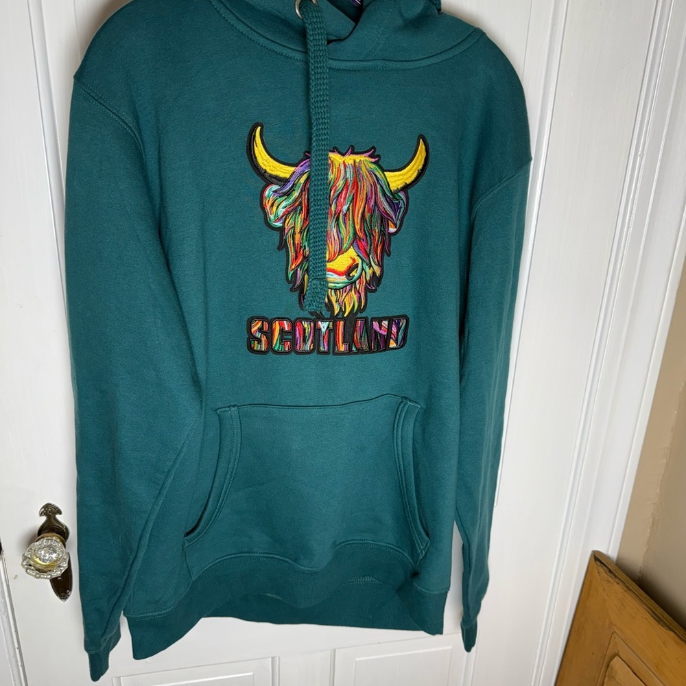 ADULTS PASTEL HIGHLAND COW HOODED TOP. Size large.